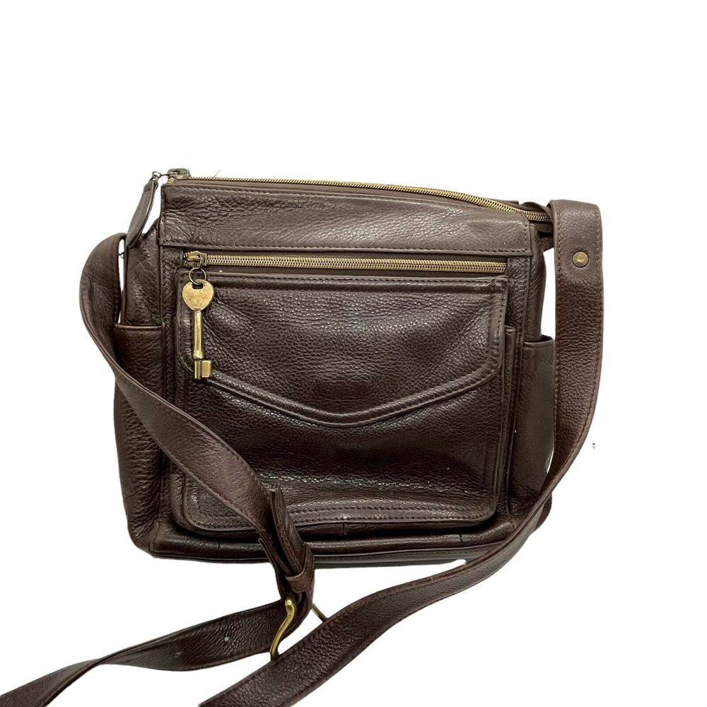 Fossil Crossbody Handbag Purse Brown Leather Adjustable Strap Wallet Pocket